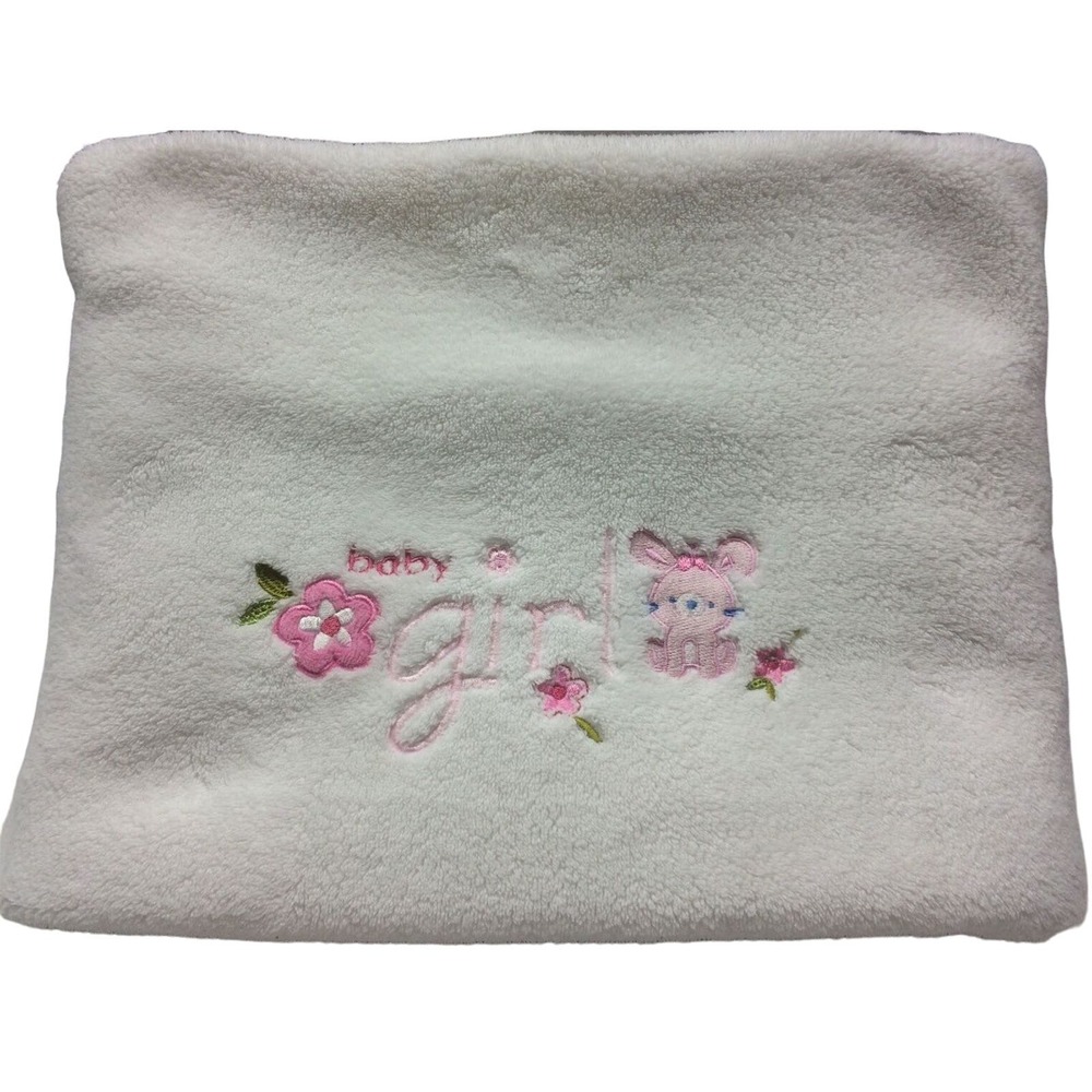 Child of Mine Baby Girl Blanket White Pink Bunny‎ Rabbit 38 x 30 Embroidered